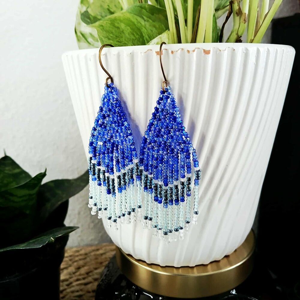BOGO EARRINGS Blue Beaded Fringe Cascade Dangle Earrings, Seed Bead, Boho 4"